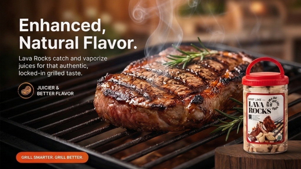 Steak grilled with ceramic briquettes showing enhanced natural flavor even heat cooking and reduced flare ups on gas grill