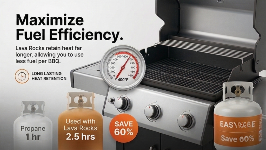 Gas grill using ceramic briquettes for improved heat retention and fuel efficiency compared to traditional grilling methods