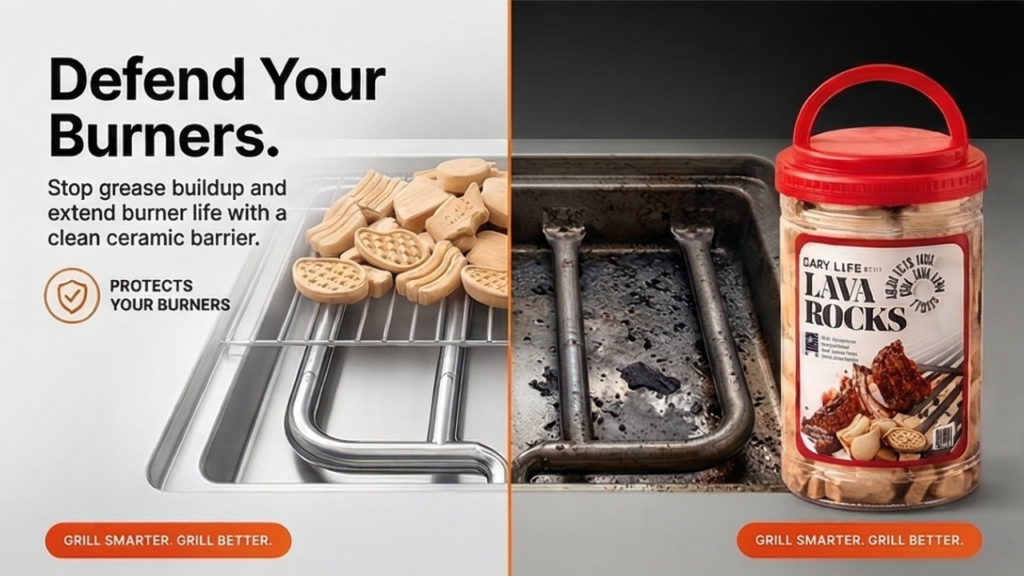 Ceramic grill briquettes protecting gas grill burners by preventing grease buildup and extending burner life with heat diffuser system