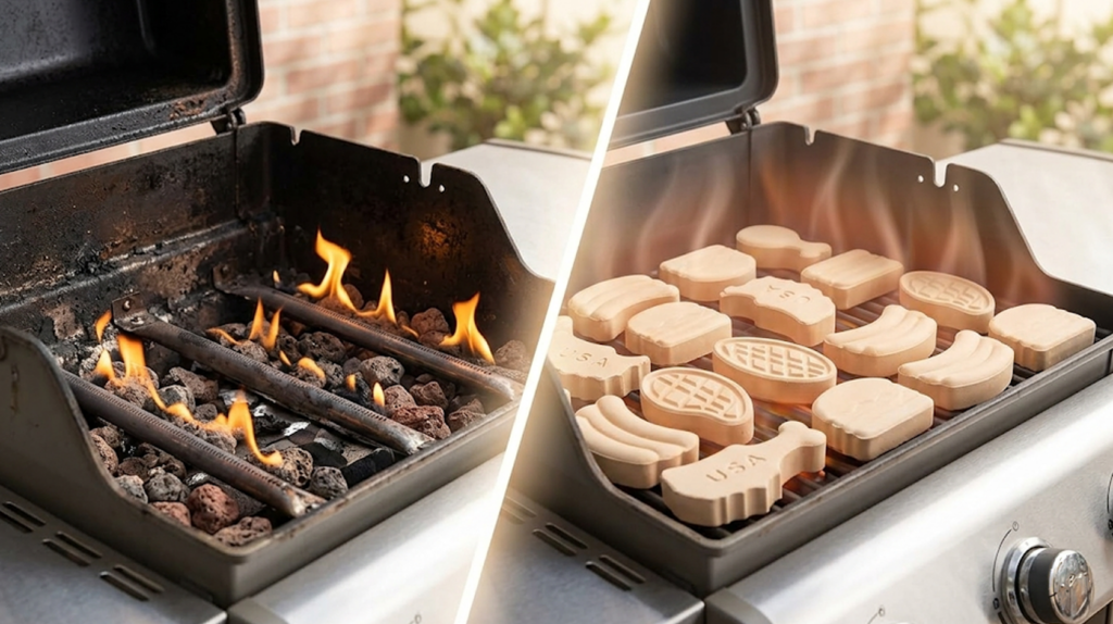 Side-by-side comparison of old grill heat system versus ceramic grill briquettes upgrade for better radiant heat cooking