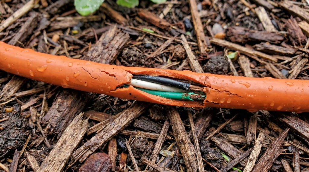 Hands securing waterproof outdoor extension cord connector protector to keep plug connections safe from rain and moisture