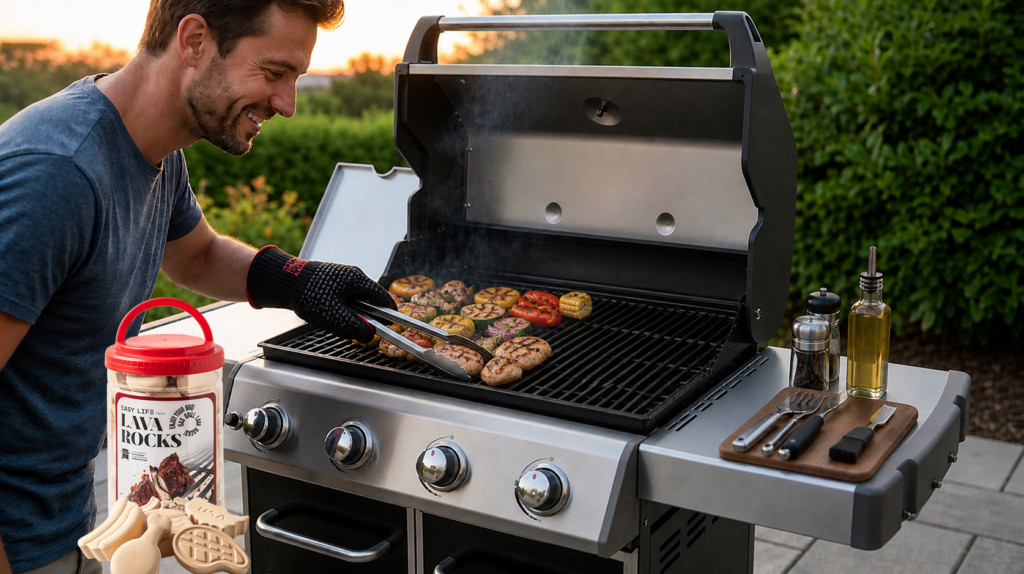 Man grilling food on gas BBQ using EasyLife Tech ceramic grill briquettes upgrade for even heat and reduced flare-ups