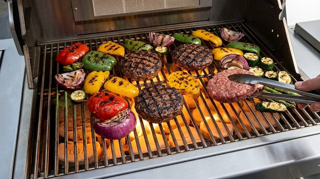Gas grill cooking burgers and vegetables evenly using ceramic grill briquettes for radiant heat and better sear marks