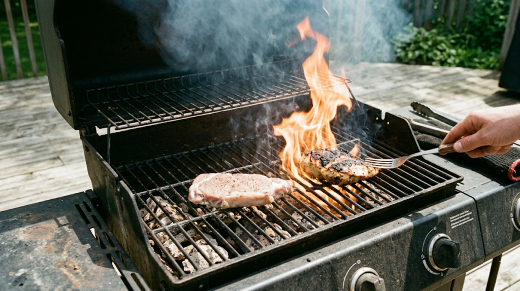 Old gas grill showing flare-ups and uneven cooking due to poor heat distribution and worn heat management components