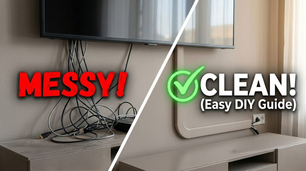 A split-screen graphic labeled Messy and Clean showing a TV setup before and after hiding wires without cutting walls.