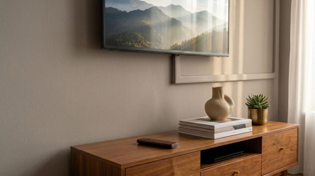 A modern living room setup featuring a wall-mounted TV with discreetly hidden cables and a wooden media console.