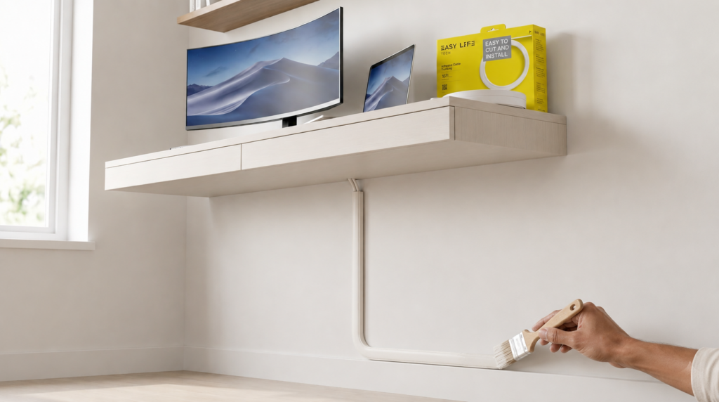 Paintable EasyLife Tech cable trunking used for clean office wall cable concealment and modern home office wire management setup