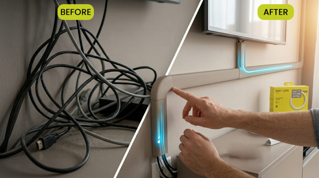 A comparison showing messy tangled TV wires on the left and organized cables hidden inside trunking on the right.