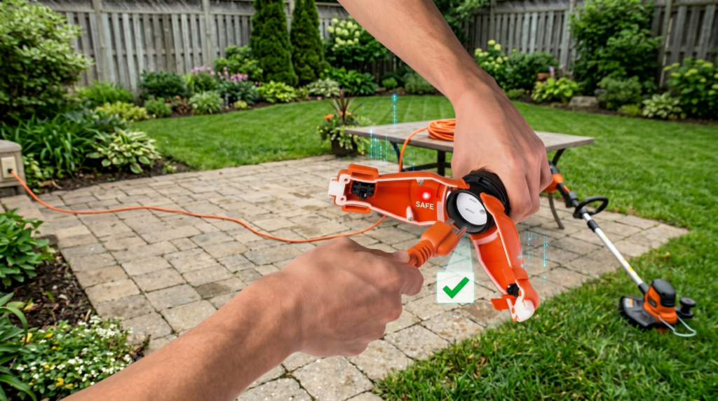 Hands connecting weatherproof outdoor extension cord safety protector for safe outdoor electrical power connections