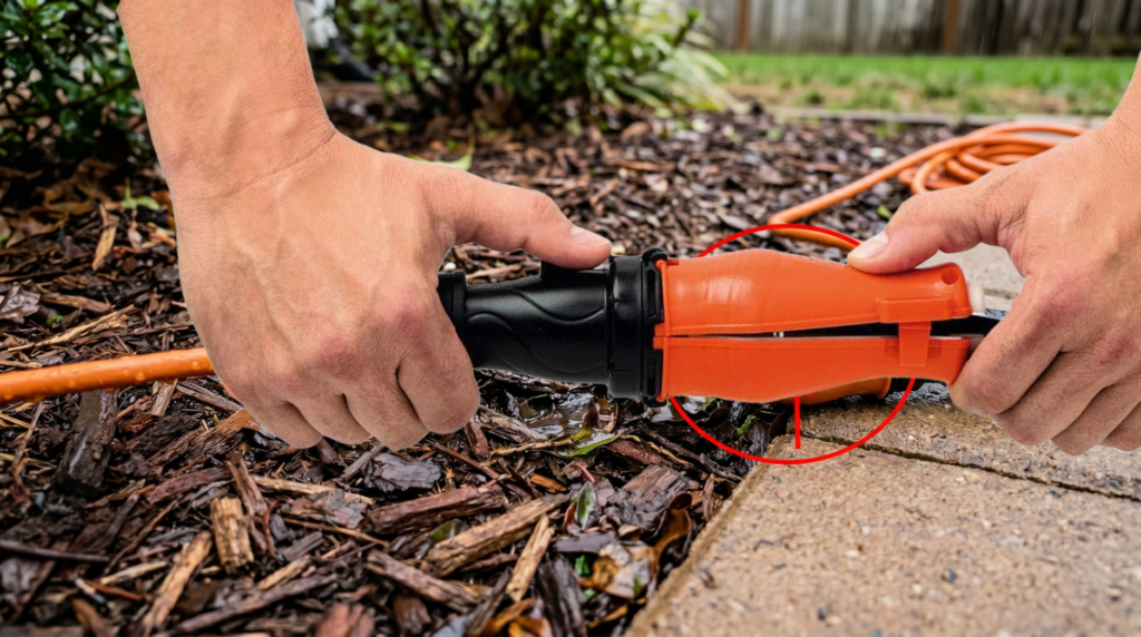 Outdoor extension cord protected with weatherproof safety cover for moisture-resistant and secure outdoor power connections