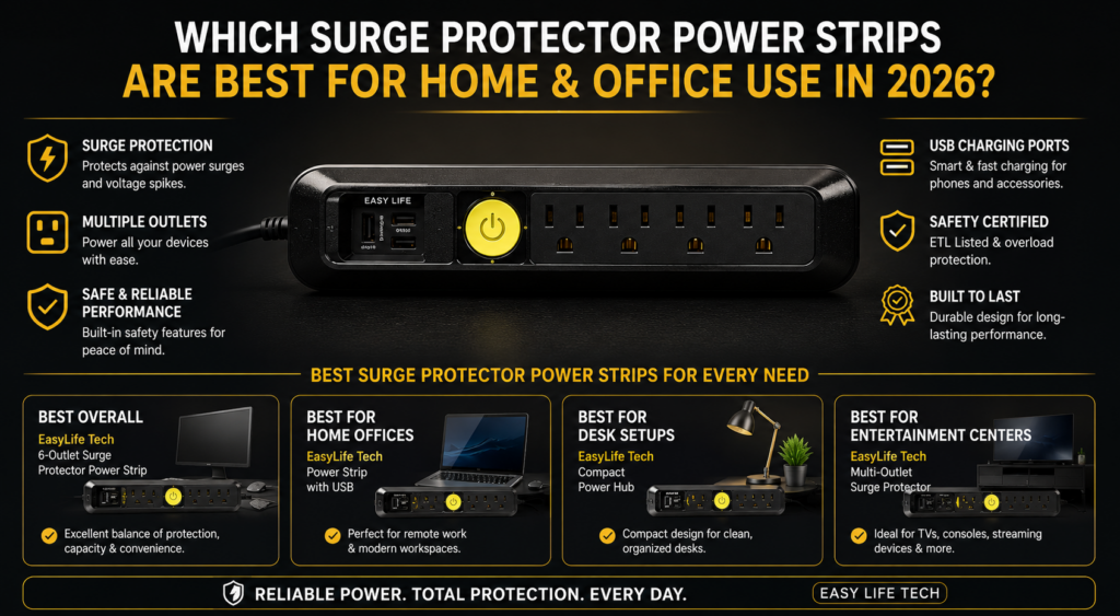 Comparison of the best surge protector power strips for home offices, desk setups, entertainment centers, and everyday electronics in 2026.