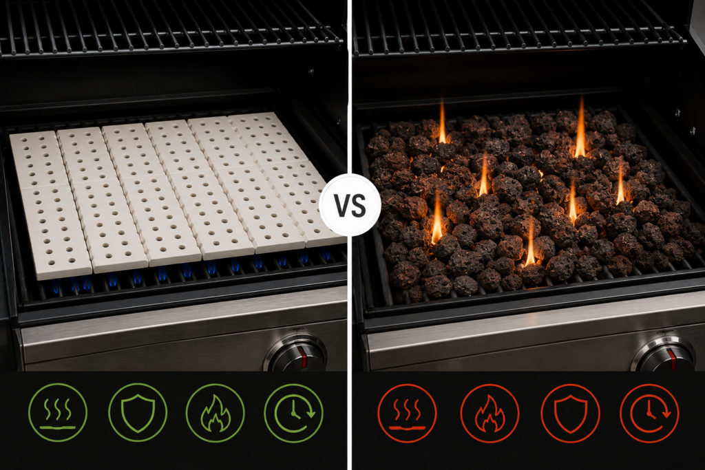 Side-by-side comparison of ceramic grill tiles and lava rocks showing differences in heat distribution and flare-up control