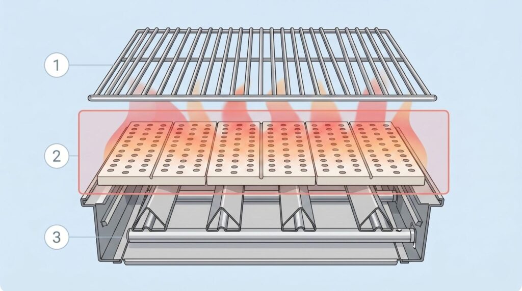 Diagram showing how ceramic grill tiles absorb and redistribute heat evenly across a gas grill cooking surface
