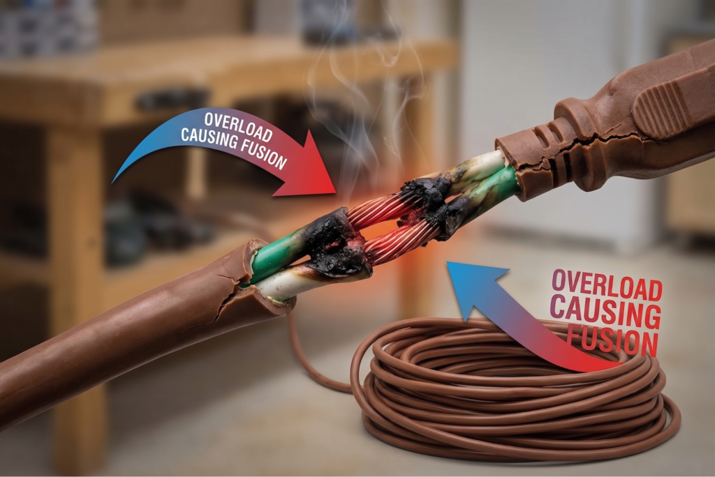 Extension cord overheating caused by electrical overload showing melted insulation and damaged copper conductors