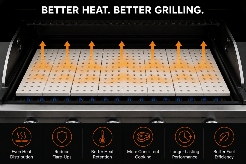 Ceramic grill tiles improving heat distribution, heat retention, and reducing flare-ups inside a gas grill