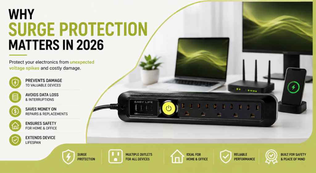 Surge protector power strip protecting computers, networking equipment, and mobile devices from unexpected voltage spikes in a modern home office.