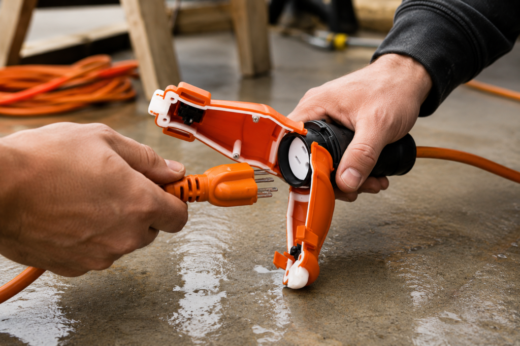 Waterproof outdoor extension cord connection with weatherproof safety seal for wet jobsite and outdoor power applications