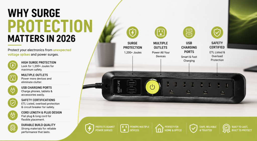 Key features of the best surge protector power strip including 1200-joule protection, USB charging ports, multiple outlets, ETL certification, and overload protection.