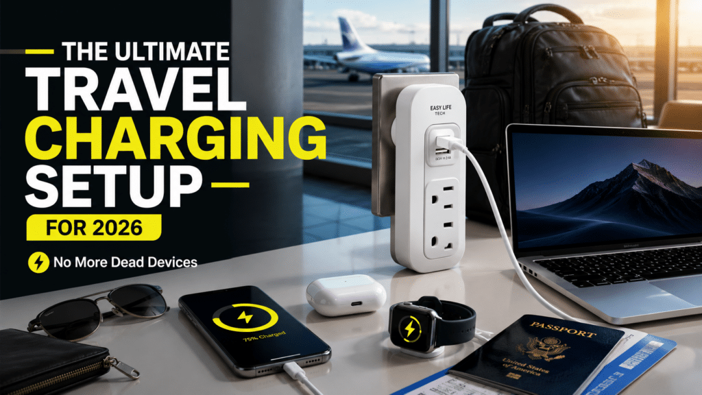 Before and after comparison showing how an EasyLife Tech portable power strip creates a clean and organized travel charging setup for multiple devices.