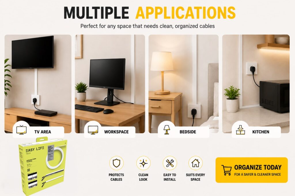 Cable trunking applications for TV areas, home offices, bedside tables, and kitchens using EasyLife Tech surface mount cable raceway for organized cable management.