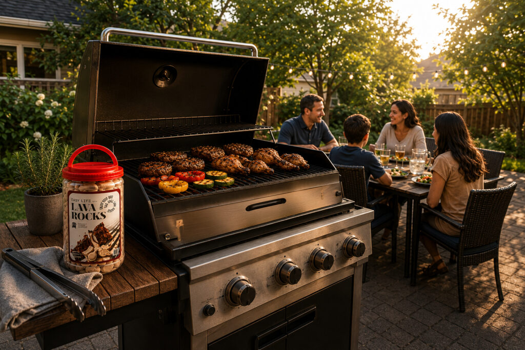 Ceramic grill briquettes providing even heat distribution, improved heat retention, and reduced hot spots on a gas grill.