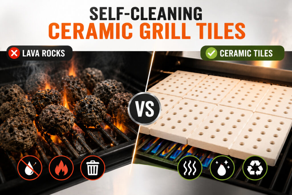 White self-cleaning ceramic grill tiles arranged on a barbecue grill next to cooking meat and vegetables, illustrating effortless grill maintenance.