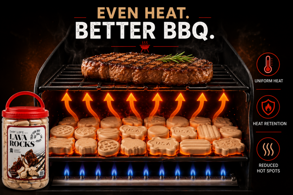 EasyLife Tech ceramic grill briquettes installed in a gas grill for even cooking, fewer flare-ups, and consistent backyard BBQ results.