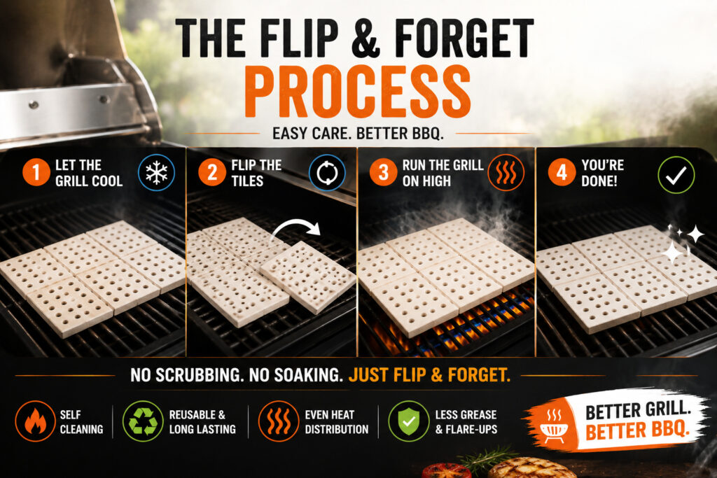 An infographic showing the four-step flip and forget process for cleaning ceramic grill tiles: let the grill cool, flip the tiles, run the grill on high, and finish with no scrubbing required.
