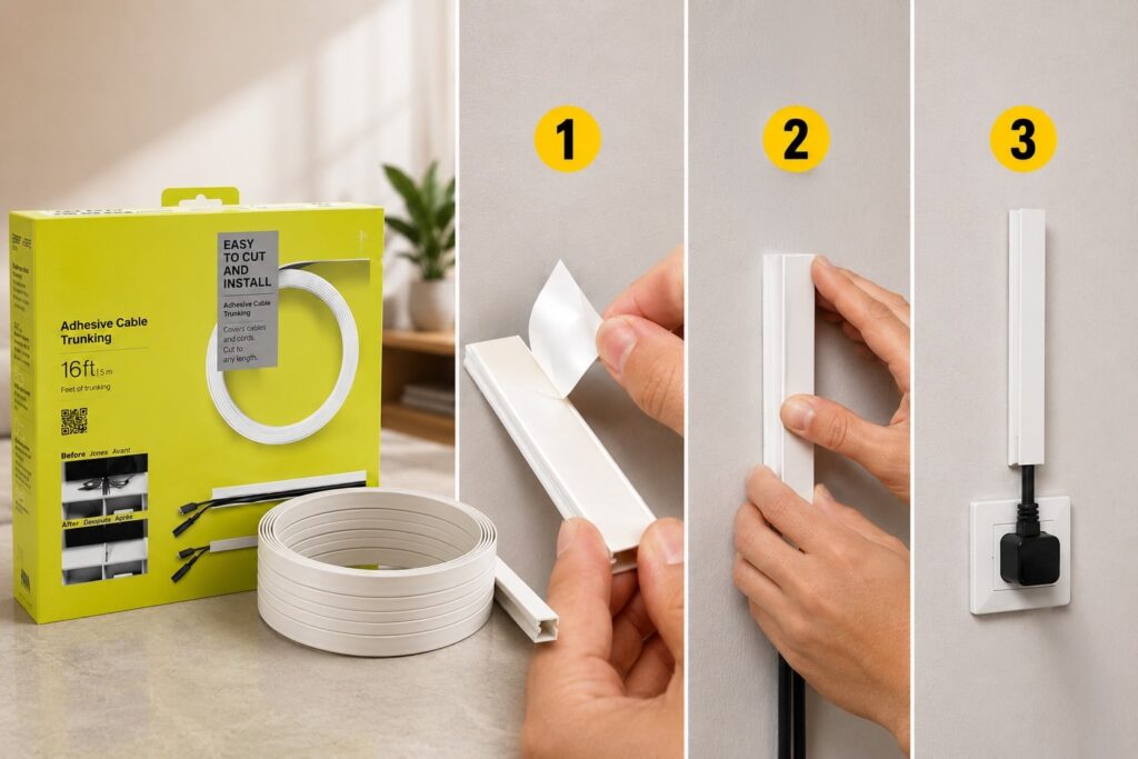 Step-by-step installation of EasyLife Tech self-adhesive cable trunking showing peel, stick, and cable routing for fast wall cable management.