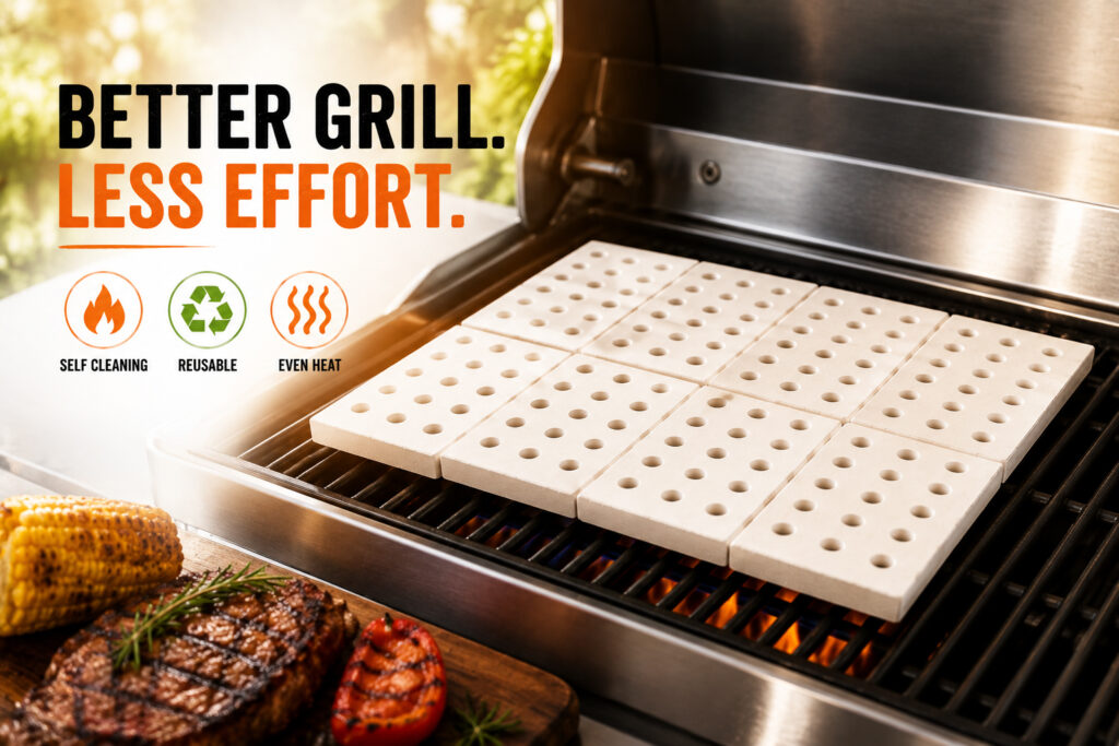 Reusable ceramic grill tiles providing even heat distribution on a stainless steel grill, pictured next to a cooked steak and corn on the cob for better BBQ results with less effort.