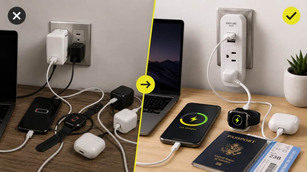 Ultimate travel charging setup for 2026 featuring an EasyLife Tech portable power strip charging a laptop, smartphone, earbuds, and smartwatch at an airport.
