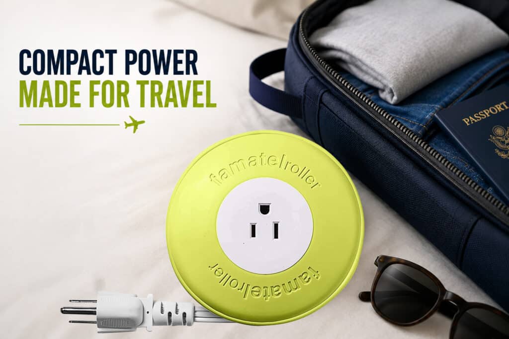 Compact portable power strip with round silicone cord winder packed inside travel luggage next to a passport