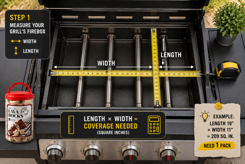 EasyLife Tech ceramic briquettes arranged across a gas grill grate under grilled steaks and vegetables