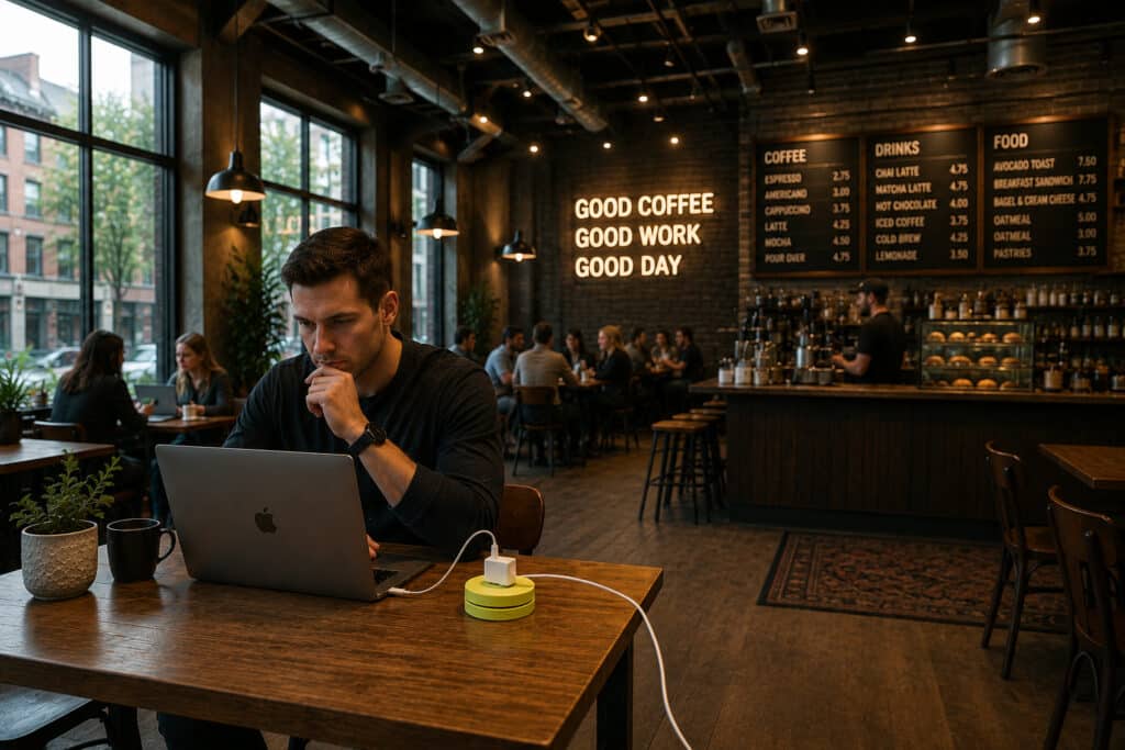Remote worker charging laptop with EasyLife Tech portable travel extension cord at an airport terminal