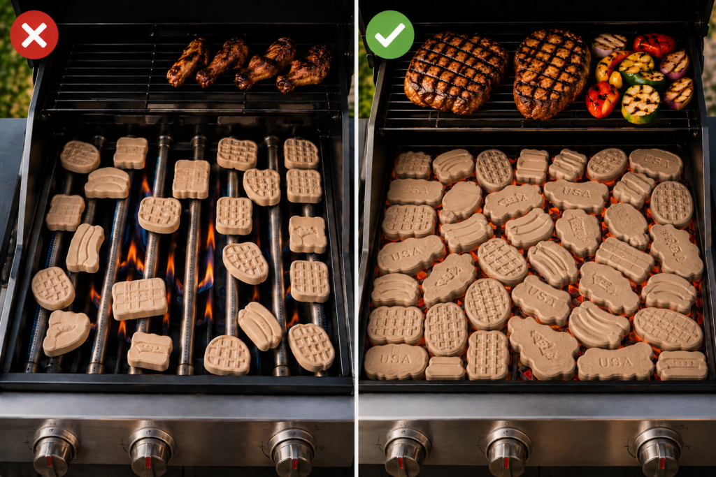 Comparison showing incorrect sparse briquettes versus correct full single-layer ceramic briquette placement for even heat distribution