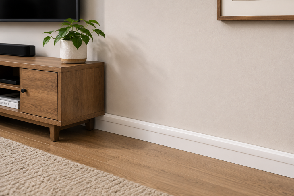 Clean living room setup showing white self-adhesive cable trunking installed seamlessly along baseboards to hide TV cords