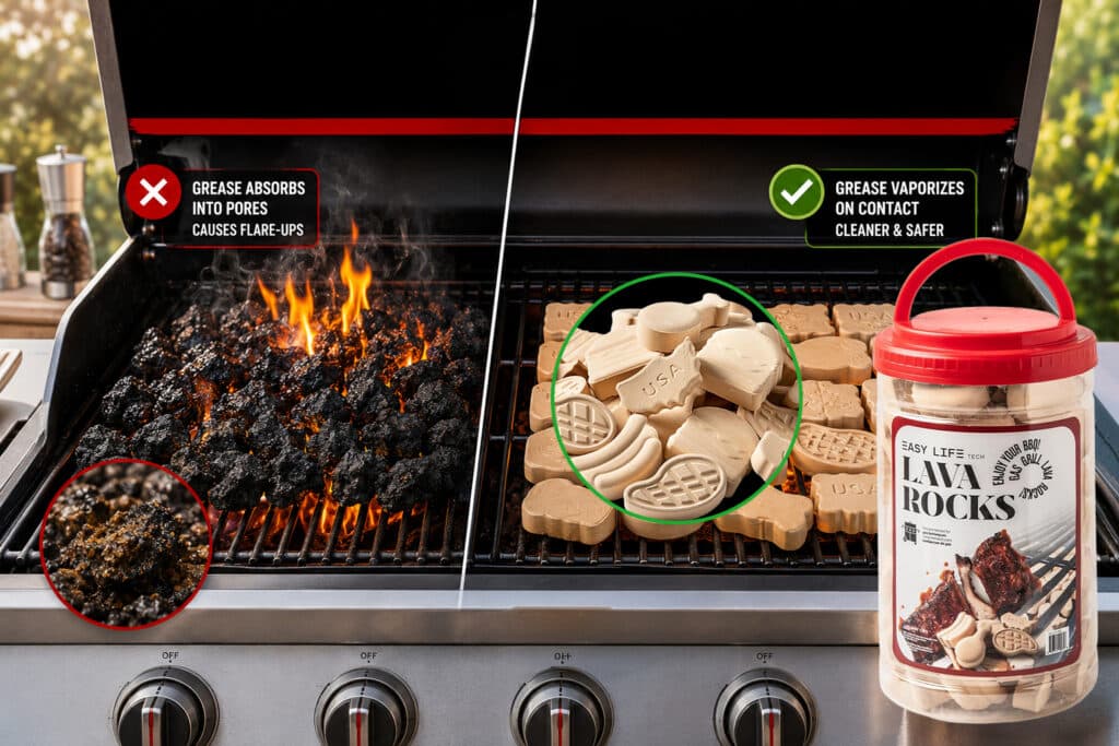 Comparison of grill flare-ups from lava rocks versus vaporizing grease on ceramic briquettes.