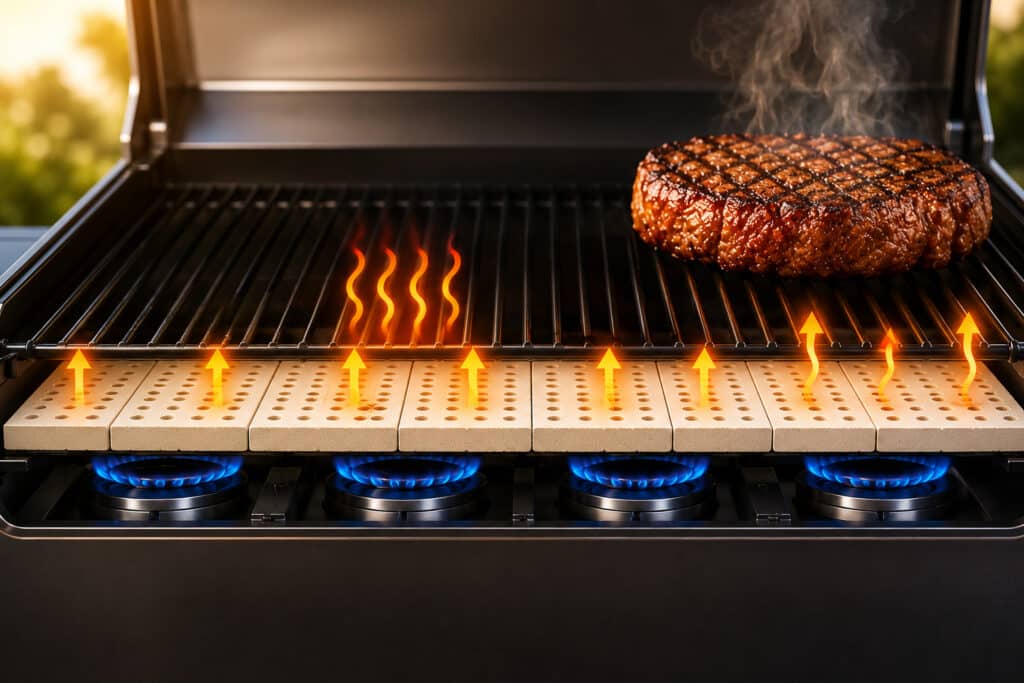 Cross section showing gas grill burners heating ceramic grill tiles to cook food with radiant heat.