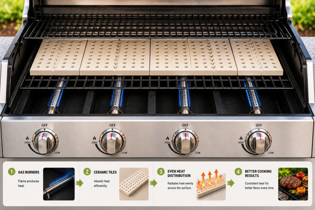 Step-by-step diagram showing gas grill burner setup and ceramic grill tiles installation for even heat.