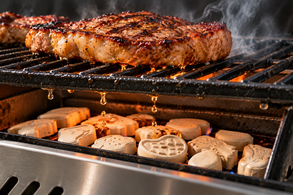 Thick steak grilling over BBQ King ceramic briquettes that vaporize falling grease drippings to stop flare-ups.