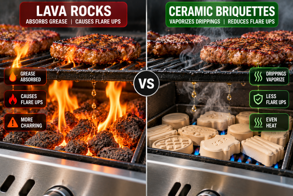 Comparison of lava rocks causing grease flare-ups and charring versus ceramic briquettes providing even heat and vaporizing drippings.