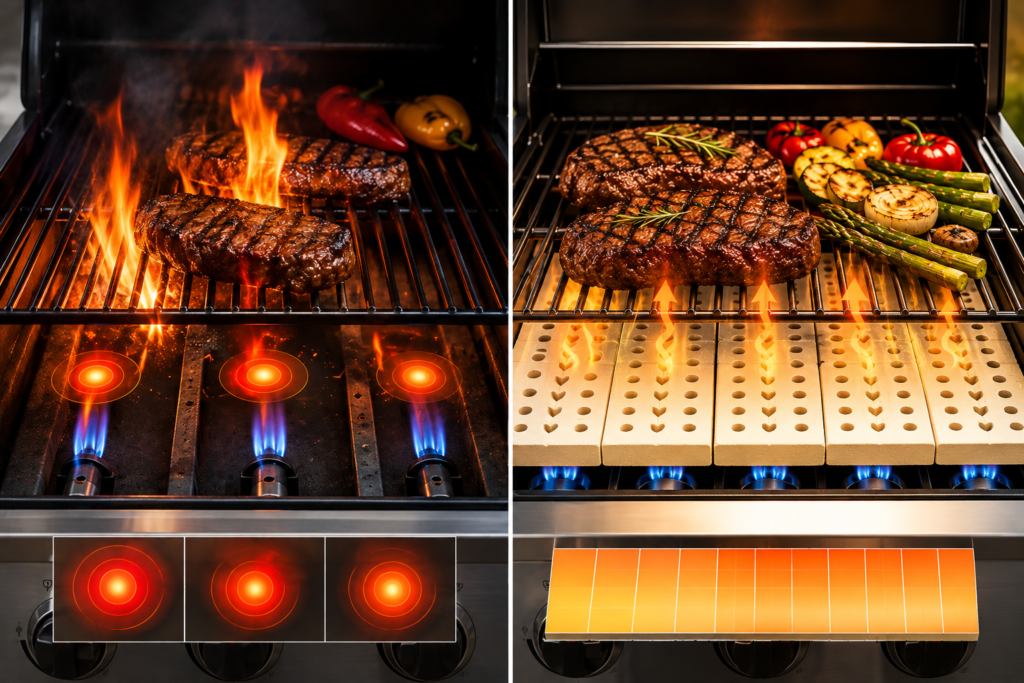Comparison of uneven gas grill flare-ups versus even radiant heat distribution using ceramic grill tiles.