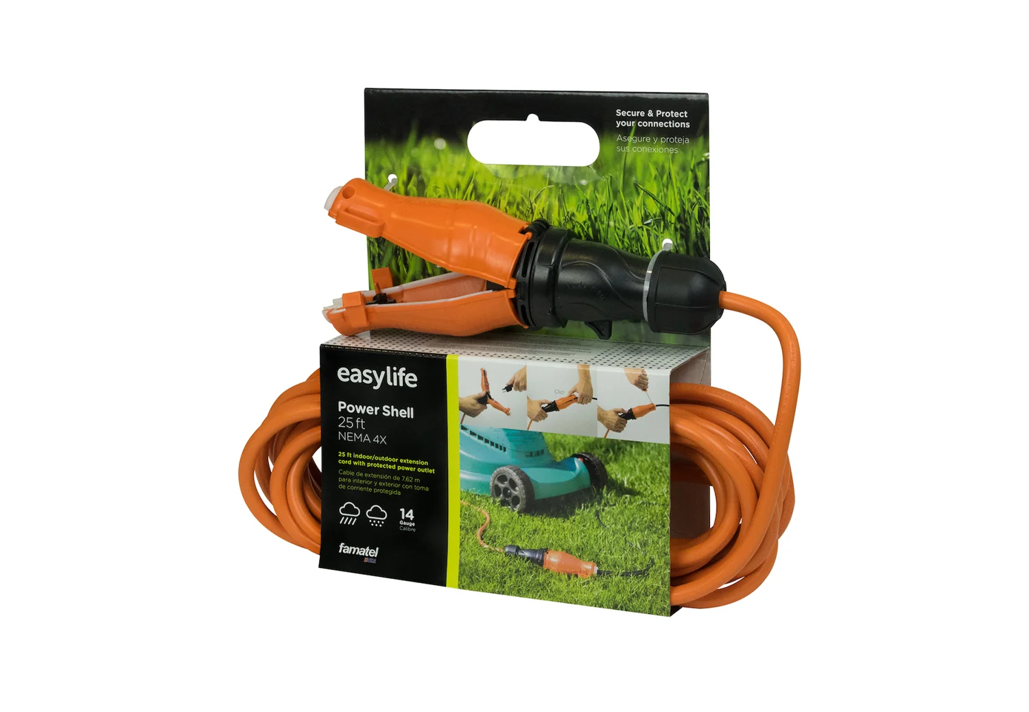 25 ft Extension Cord with Connector Safety Seal, 15 Amp outlet, 125 V, 1875 W Maximum, Insulated for 300 V, Great for home and professional outdoor use.