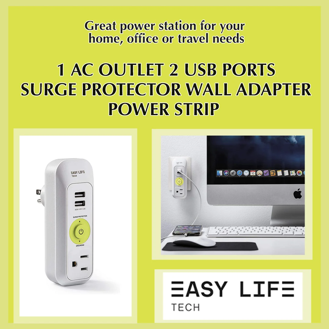1 AC Outlet 2 USB Ports Wall Adapter Power Strip