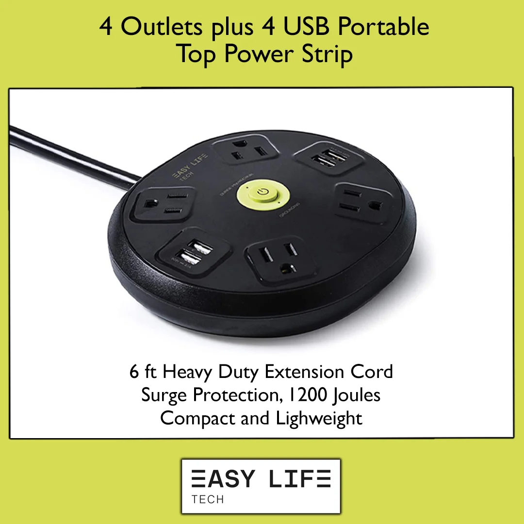 4 Outlets plus 4 USB Portable Top Power Strip