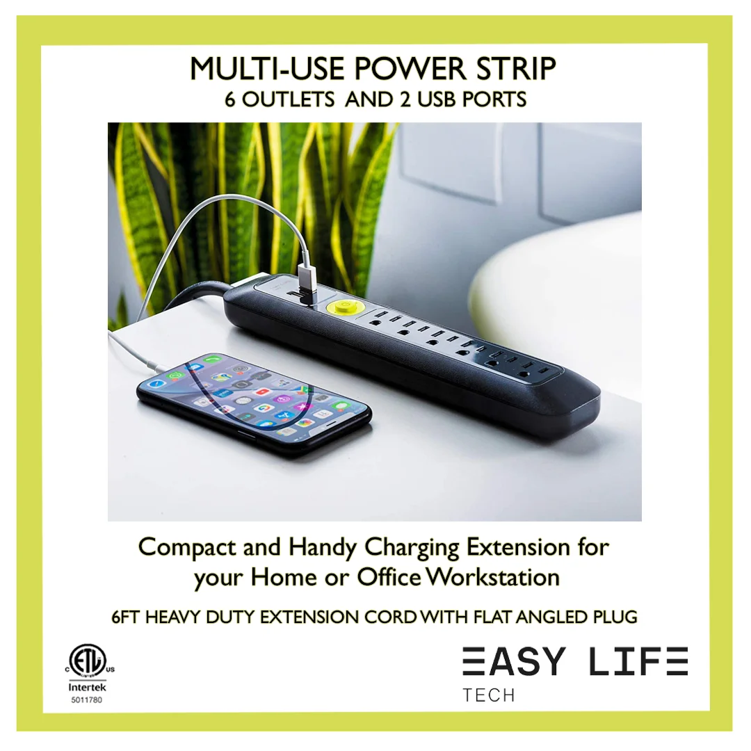 Multi-Use Power Strip, 6 Outlets Plus 2 USB Ports