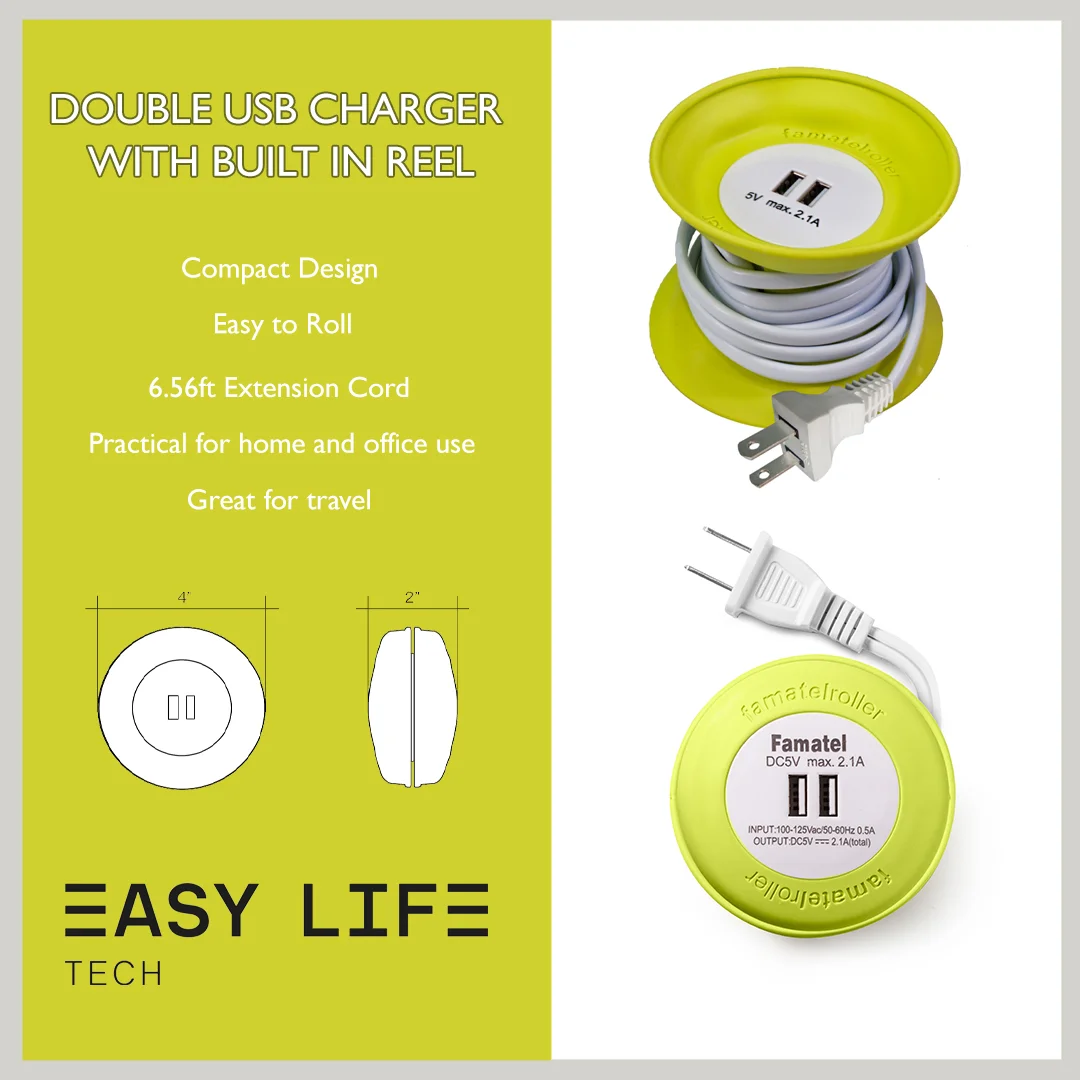 Double USB Charger with Built-in Reel