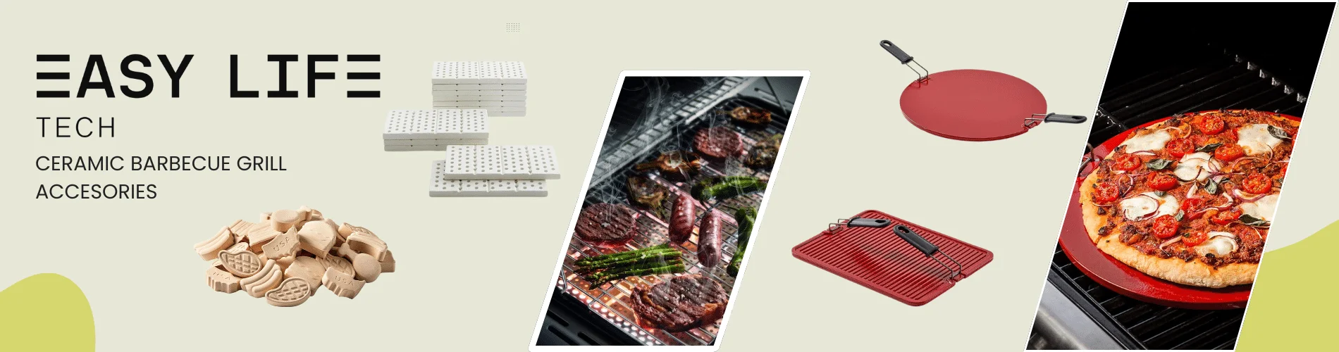 Easylife Tech ceramic BBQ accessories banner – grill tiles, pizza pan, barbecue tools, lava rock replacement, outdoor grilling essentials