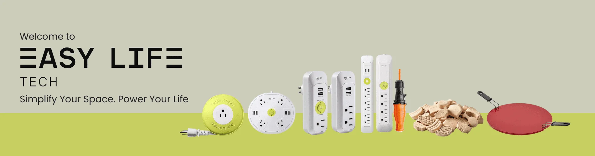 Easylife Tech full product line banner – power strips, grill accessories, cable management, travel extension cords, plug and power essentials for home and outdoors