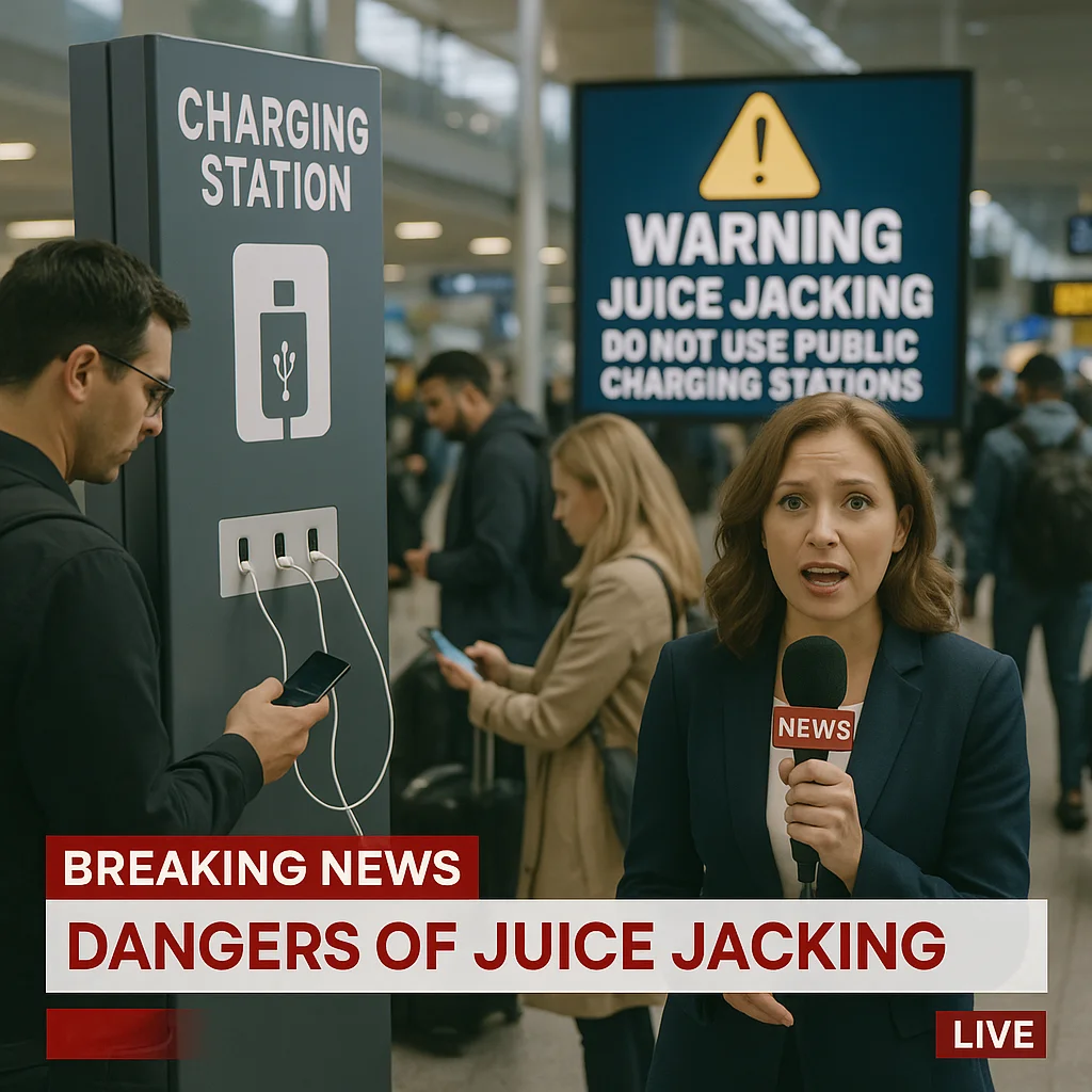 News report graphic warning about juice jacking – airport charging station safety alert, public USB charging risks, Easylife Tech consumer protection awareness